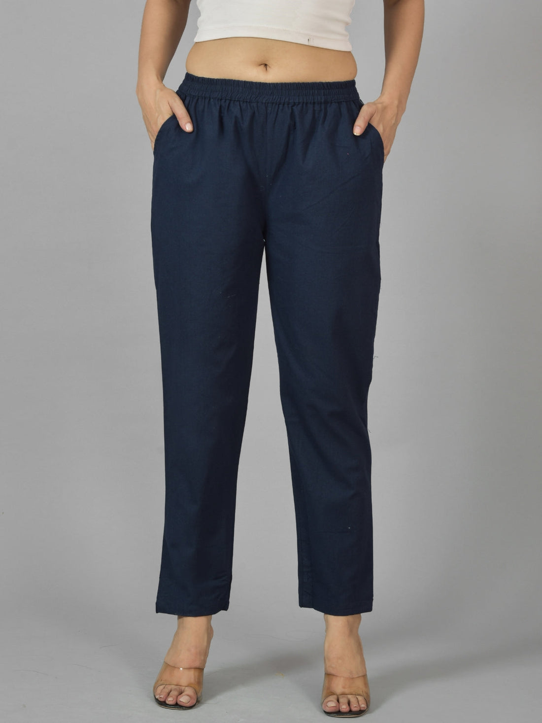 Pack Of 2 Womens Navy Blue And White Deep Pocket Fully Elastic Cotton Trouser