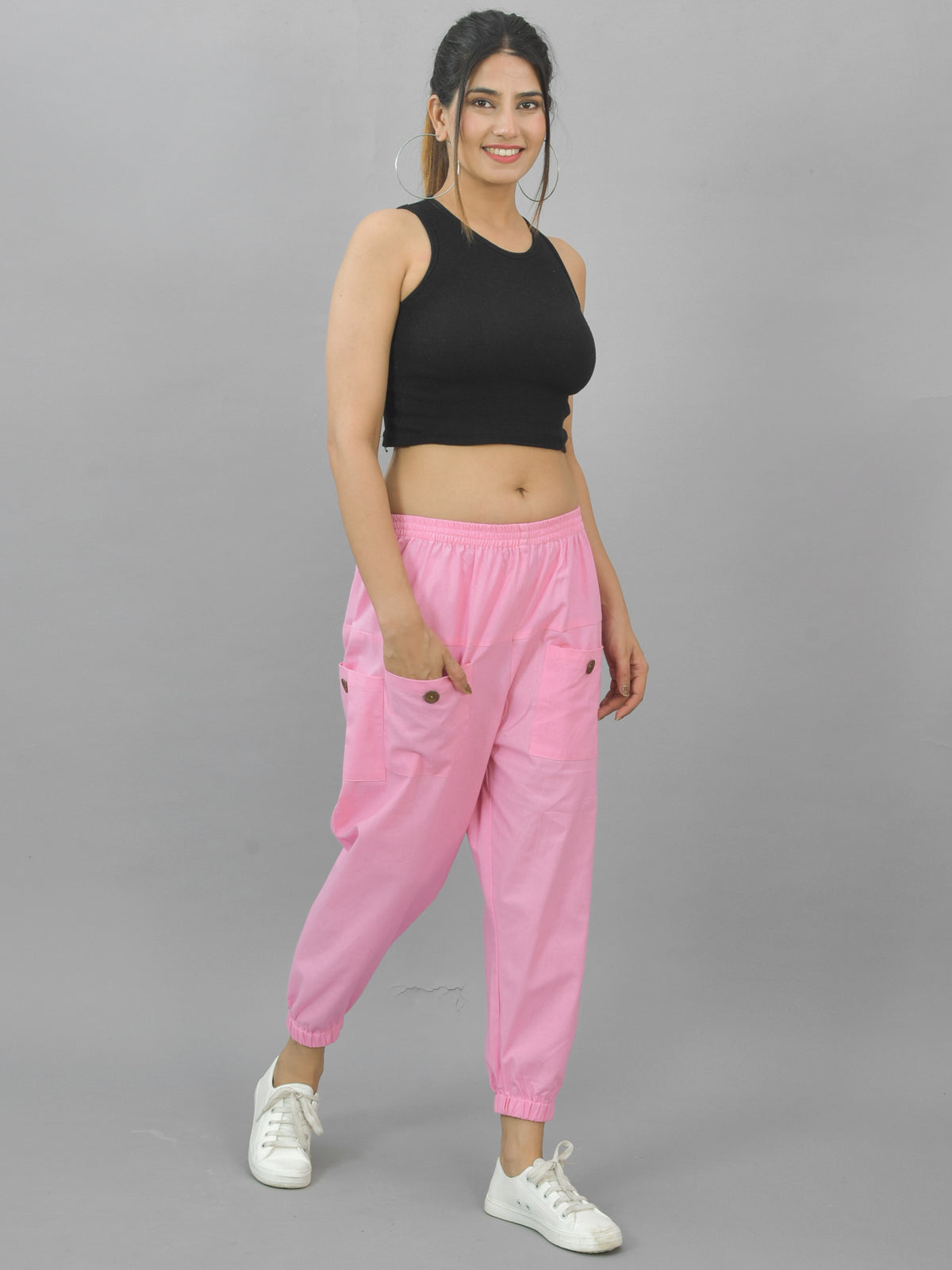 Quaclo Women's Pink Four Pocket Cotton Cargo Pants