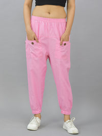 Quaclo Women's Pink Four Pocket Cotton Cargo Pants