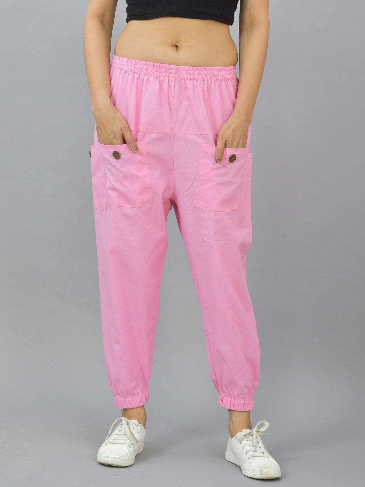Combo Pack Of Womens Dark Green And Pink Four Pocket Cotton Cargo Pants