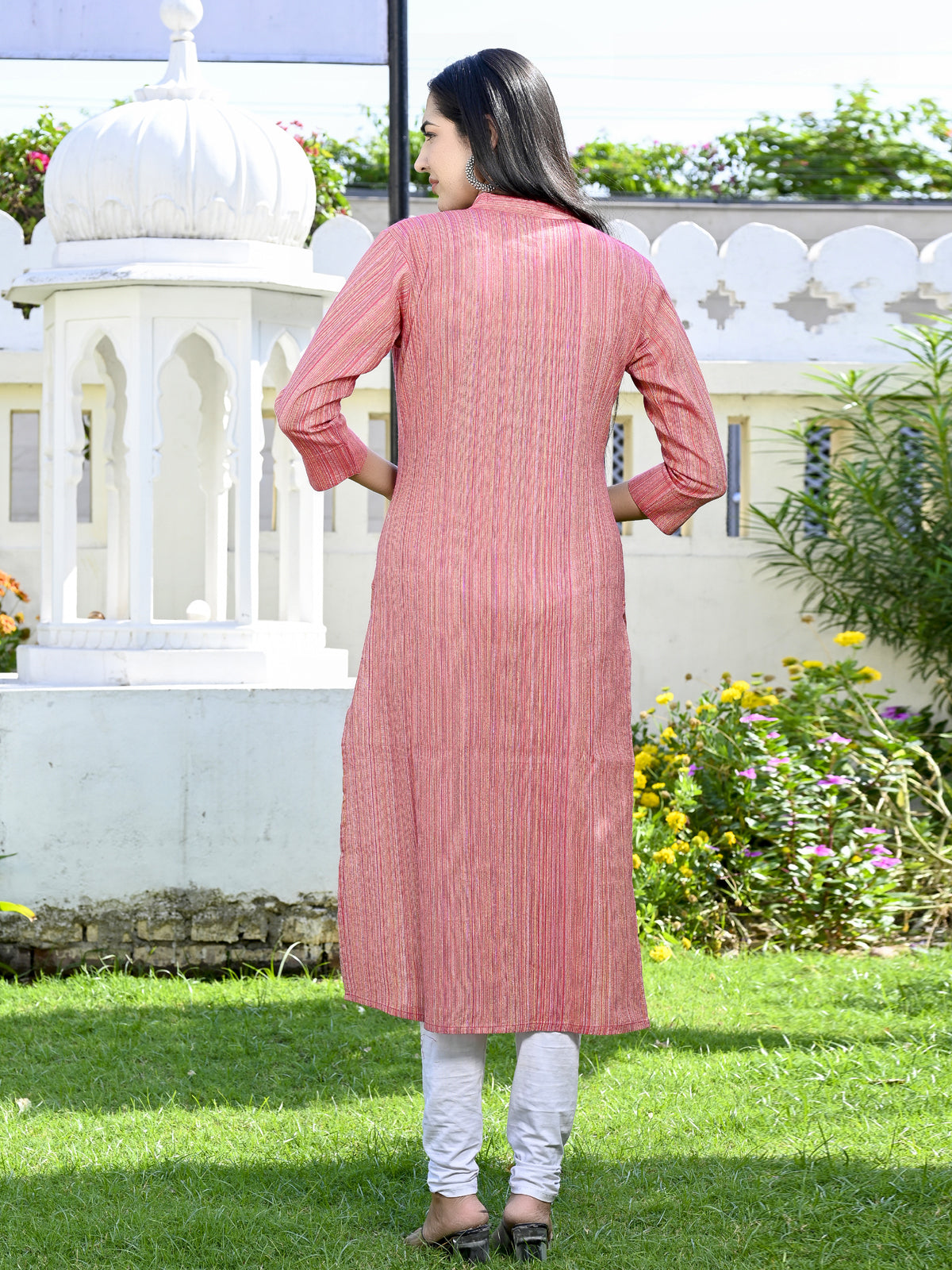 Womens Pink Khadi Cotton Multistripe Straight Kurti