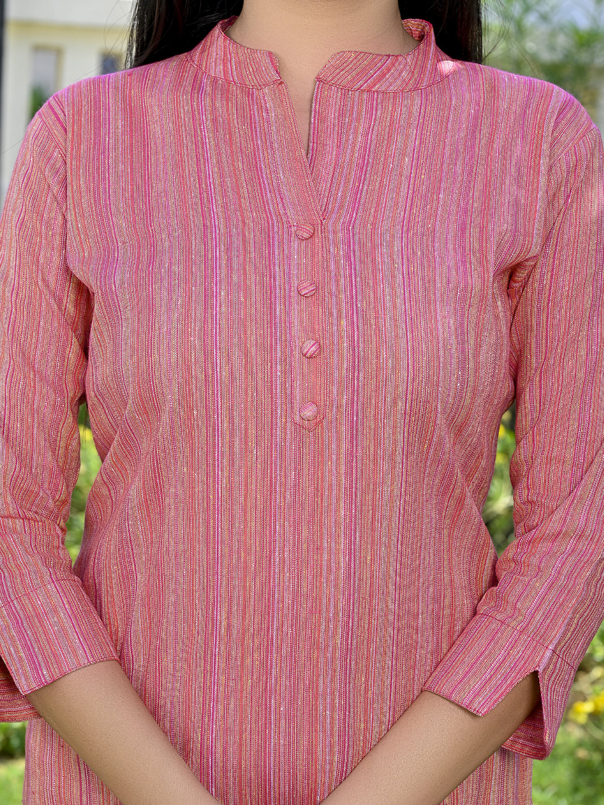 Ethnic Wear Khadi Cotton Pink Multistripe Couple Kurta Set