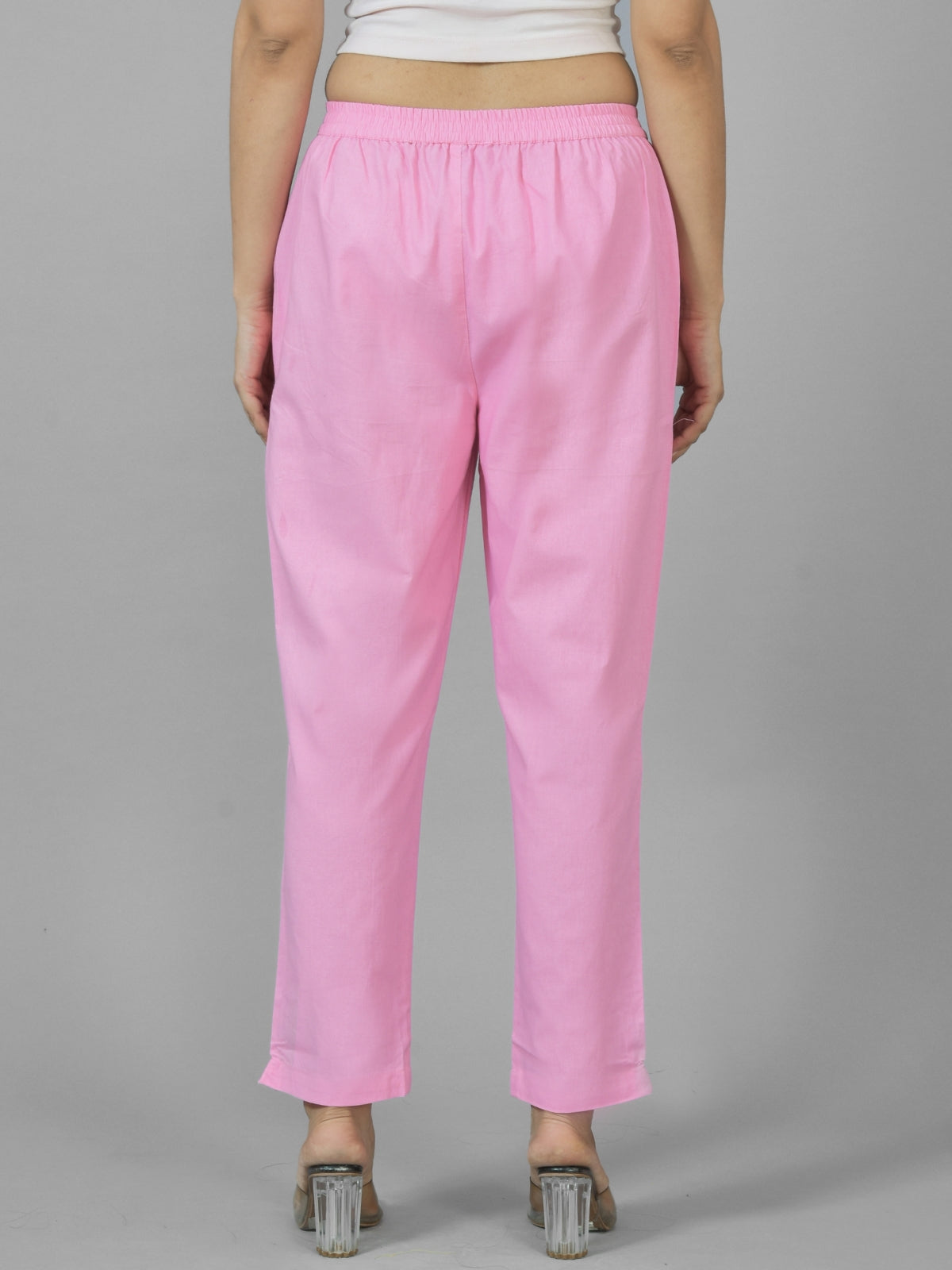 Quaclo Womens Pink Regular Fit Fully Elastic Cotton Trouser