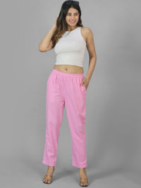 Pack Of 2 Womens Pink And White Deep Pocket Fully Elastic Cotton Trouser