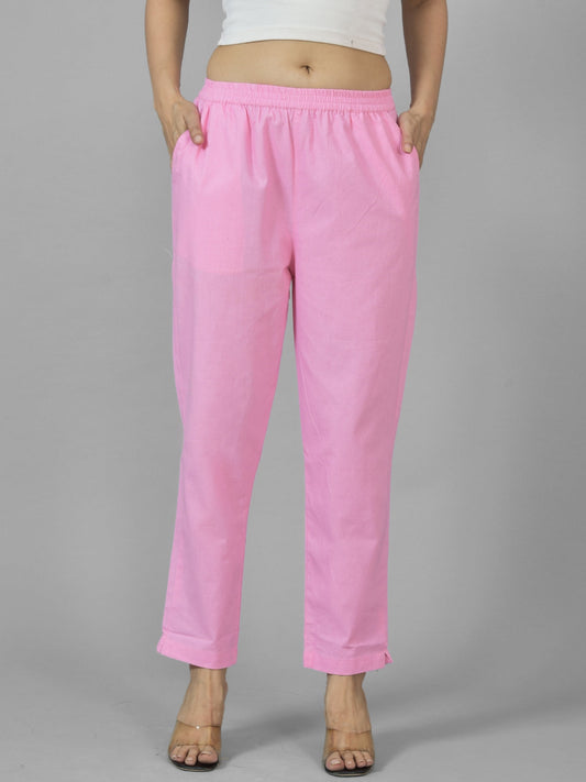 Quaclo Womens Pink Regular Fit Fully Elastic Cotton Trouser