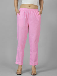 Pack Of 2 Womens Pink And White Deep Pocket Fully Elastic Cotton Trouser