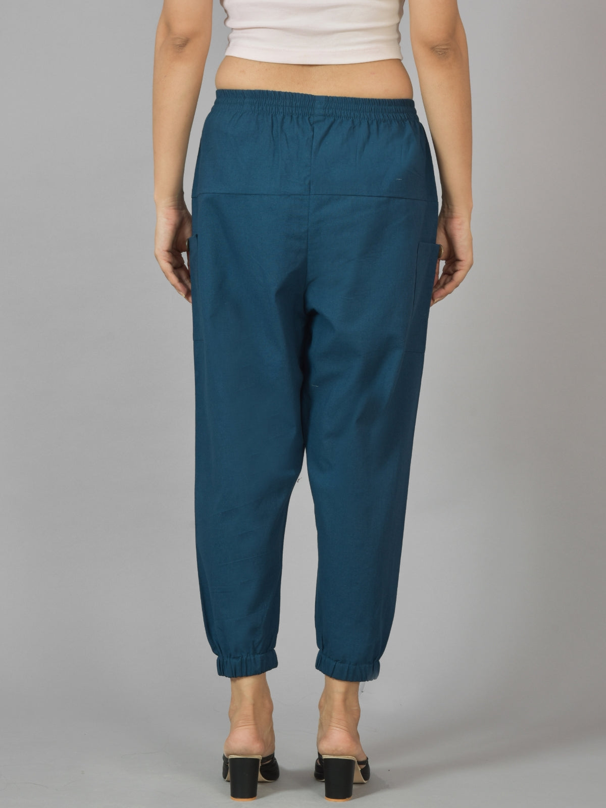 Combo Pack Of Womens Brown And Teal Blue Four Pocket Cotton Cargo Pants