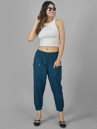 Quaclo Women's Teal Blue Four Pocket Cotton Cargo Pants