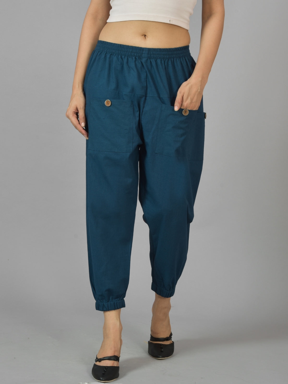 Combo Pack Of Womens Grey And Teal Blue Four Pocket Cotton Cargo Pants
