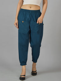 Combo Pack Of Womens Teal Blue And Dark Green Four Pocket Cotton Cargo Pants