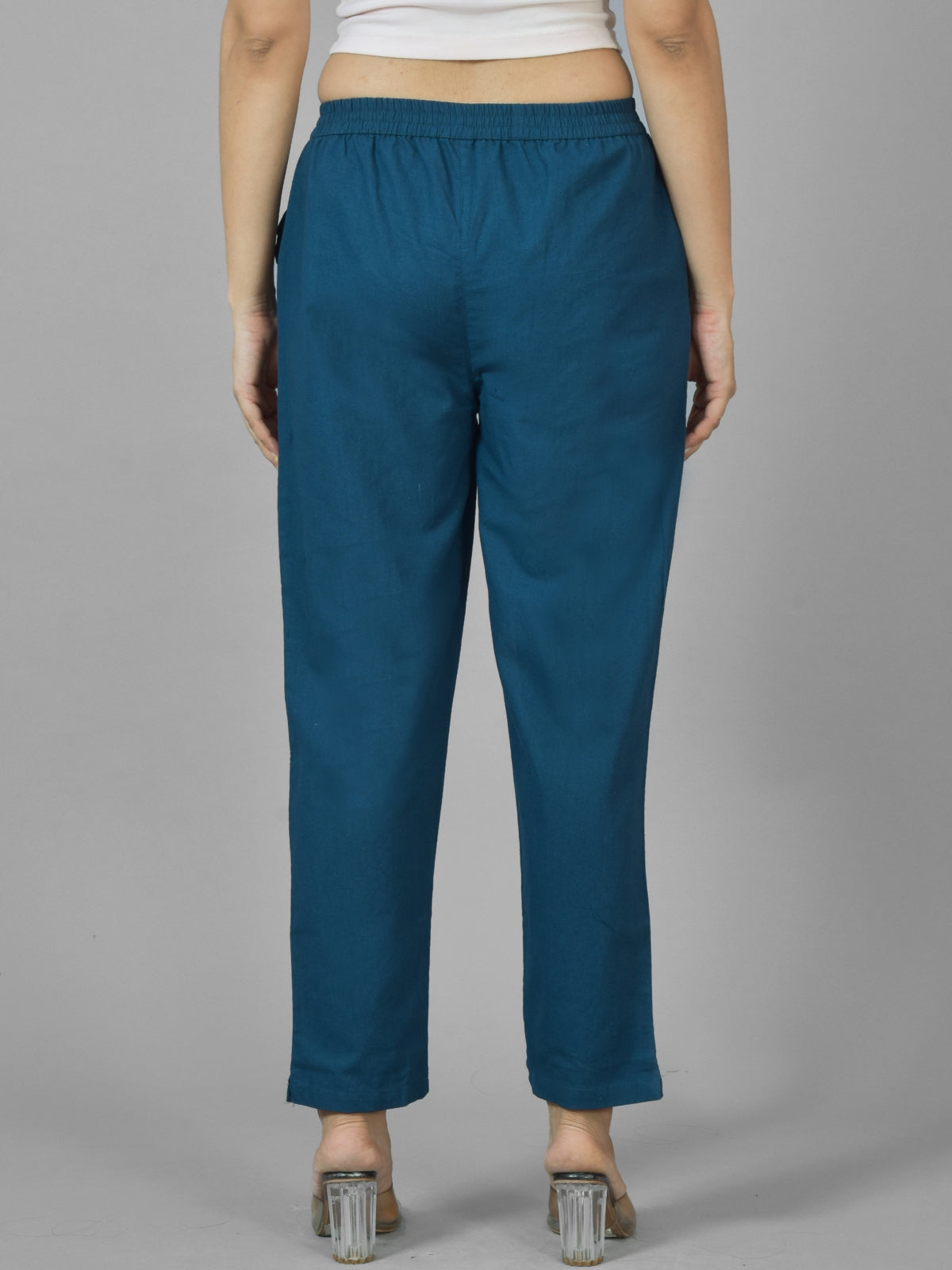 Quaclo Womens Teal Blue Regular Fit Fully Elastic Cotton Trouser