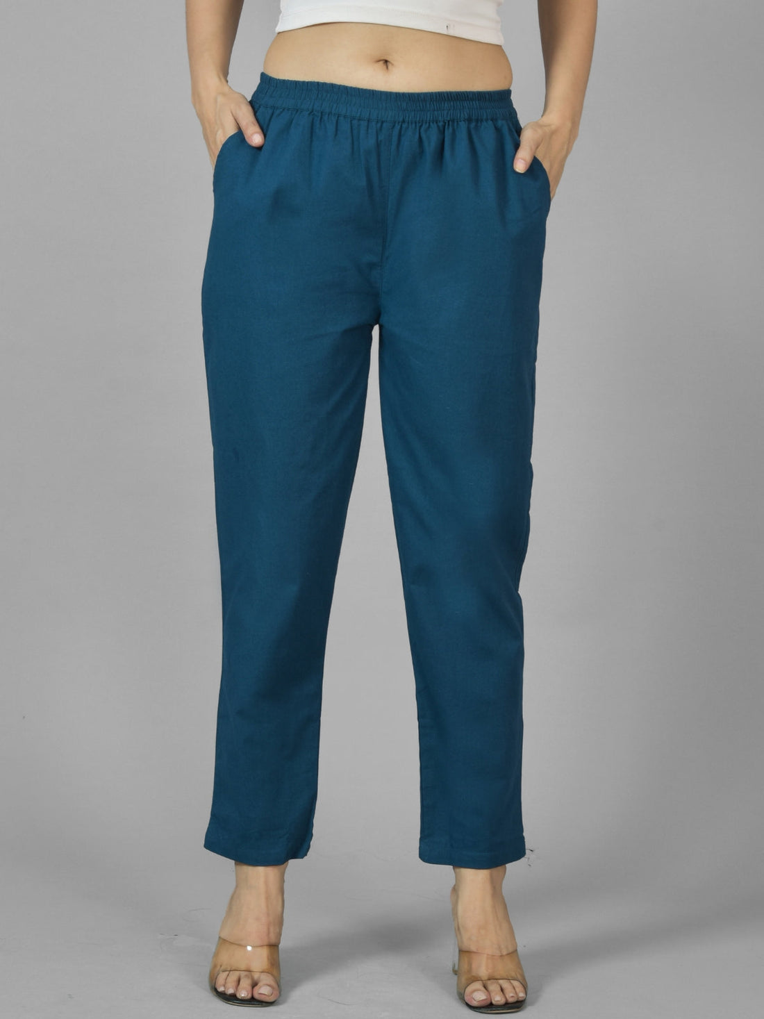 Pack Of 2 Womens Teal Blue And White Deep Pocket Fully Elastic Cotton Trouser