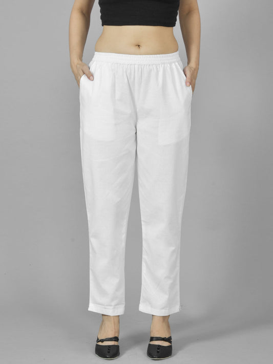 Quaclo Womens White Regular Fit Fully Elastic Cotton Trouser
