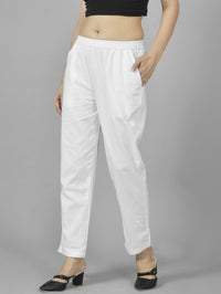 Quaclo Womens White Regular Fit Fully Elastic Cotton Trouser