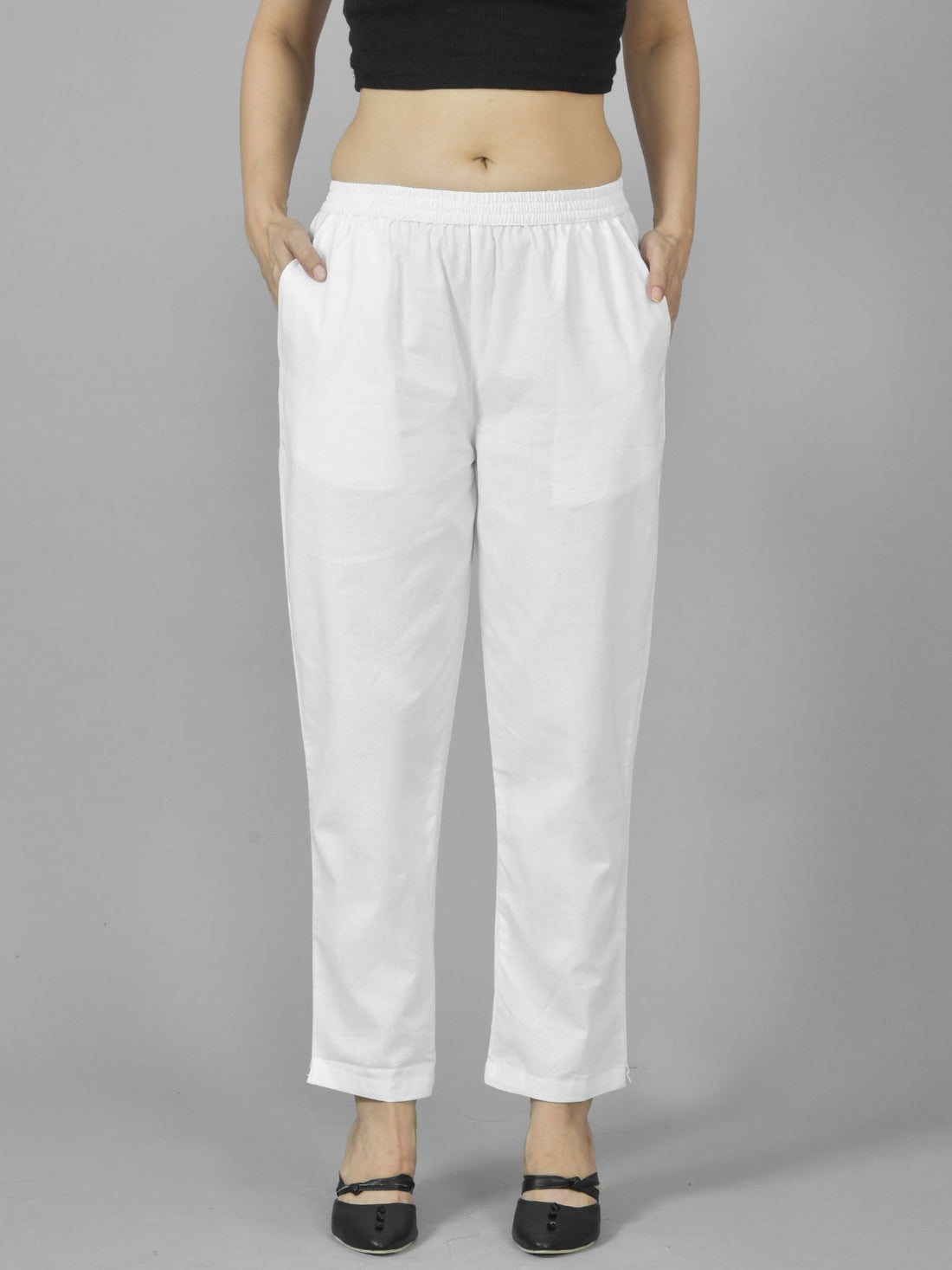 Pack Of 2 Womens White And Wine Deep Pocket Fully Elastic Cotton Trouser