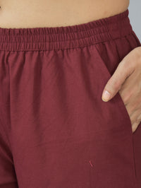 Quaclo Womens Wine Regular Fit Fully Elastic Cotton Trouser