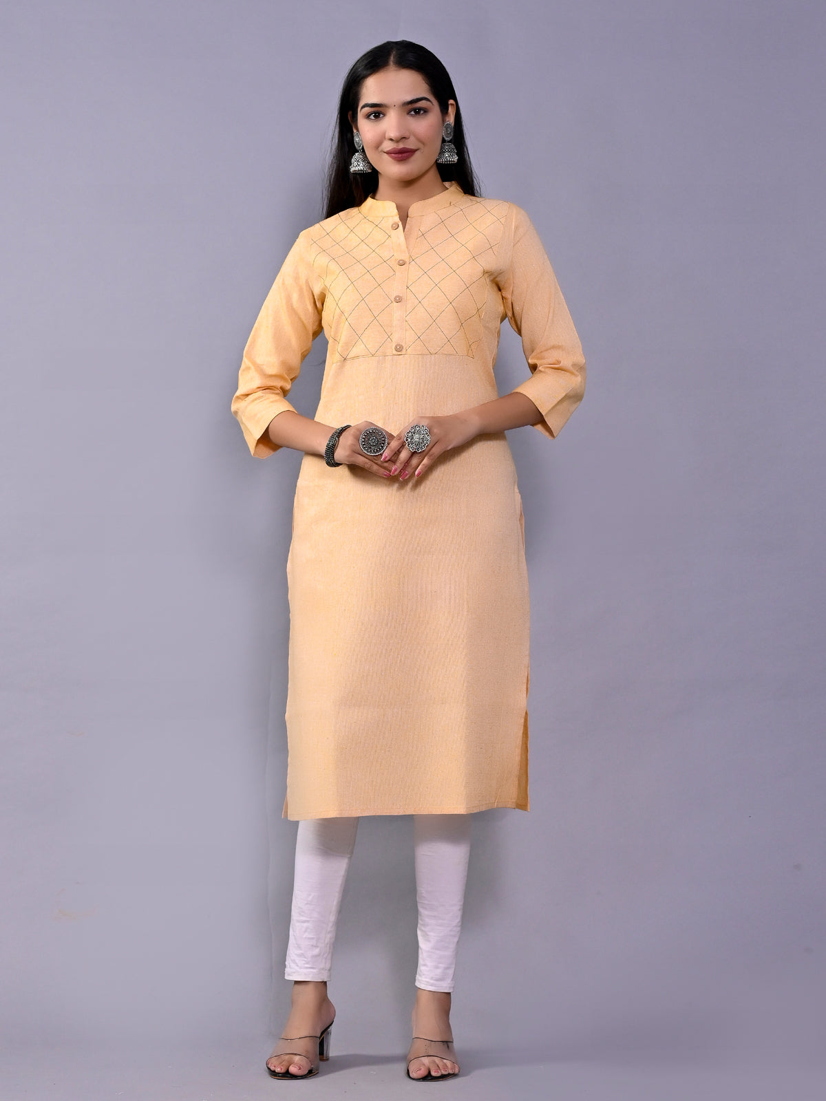 Women Solid Yellow Woven South Cotton Kurti