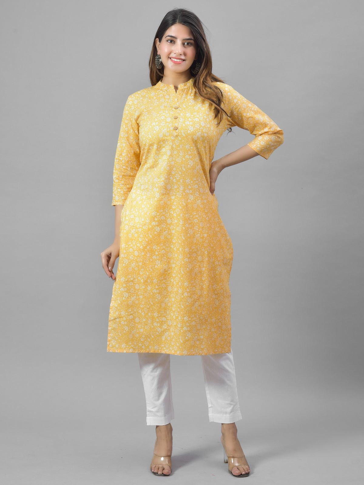 Women Yellow Cambric Cotton Floral Printed Kurti