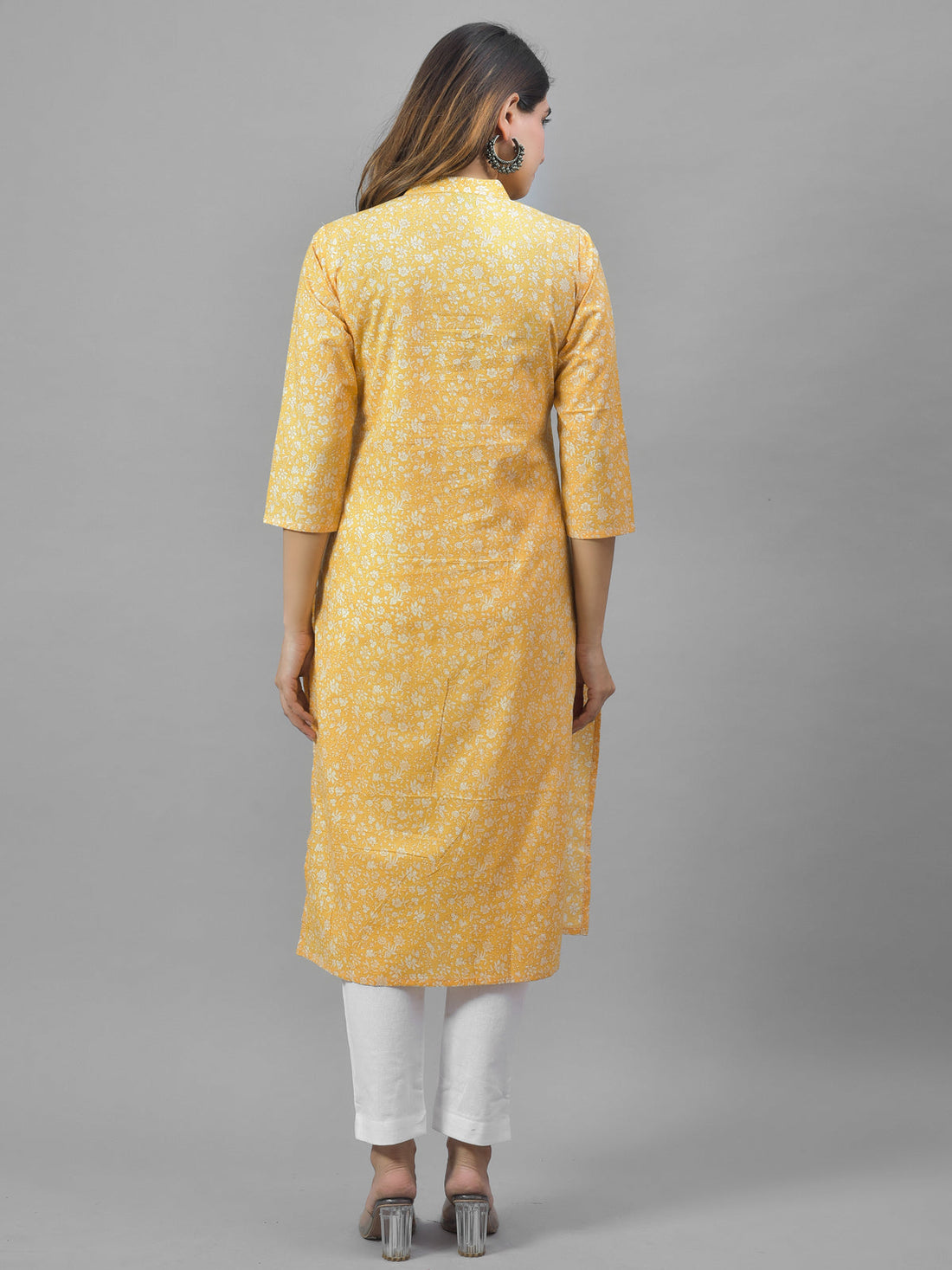 Women Yellow Cambric Cotton Floral Printed Kurti
