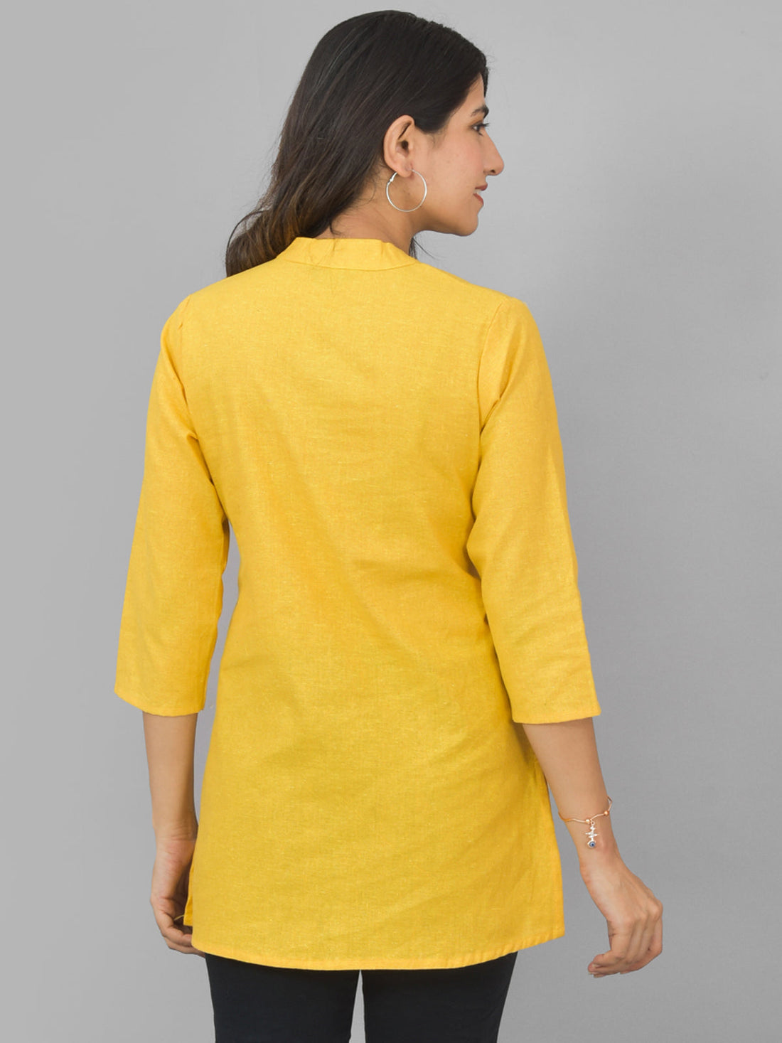 Womens Yellow Woven Design Handloom Cotton Frontslit Short Kurti