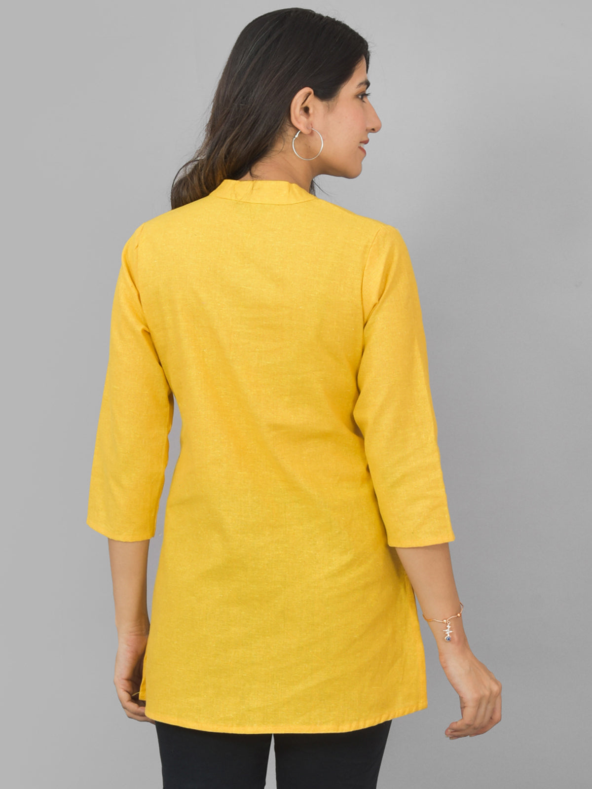 Pack Of 2 Womens Melange Grey And Yellow Woven Design Handloom Cotton Frontslit Short Kurtis