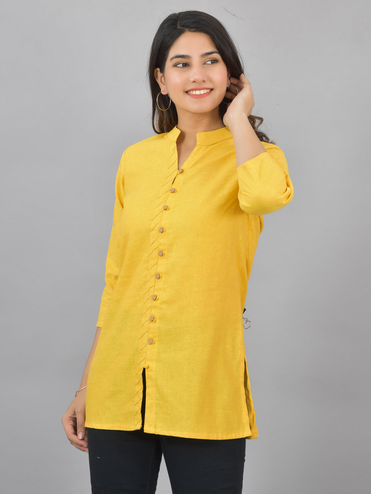 Womens Yellow Woven Design Handloom Cotton Frontslit Short Kurti