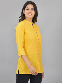 Womens Yellow Woven Design Handloom Cotton Frontslit Short Kurti
