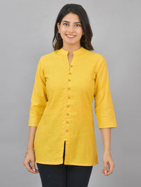 Pack Of 2 Womens Sky Blue And Yellow Woven Design Handloom Cotton Frontslit Short Kurtis