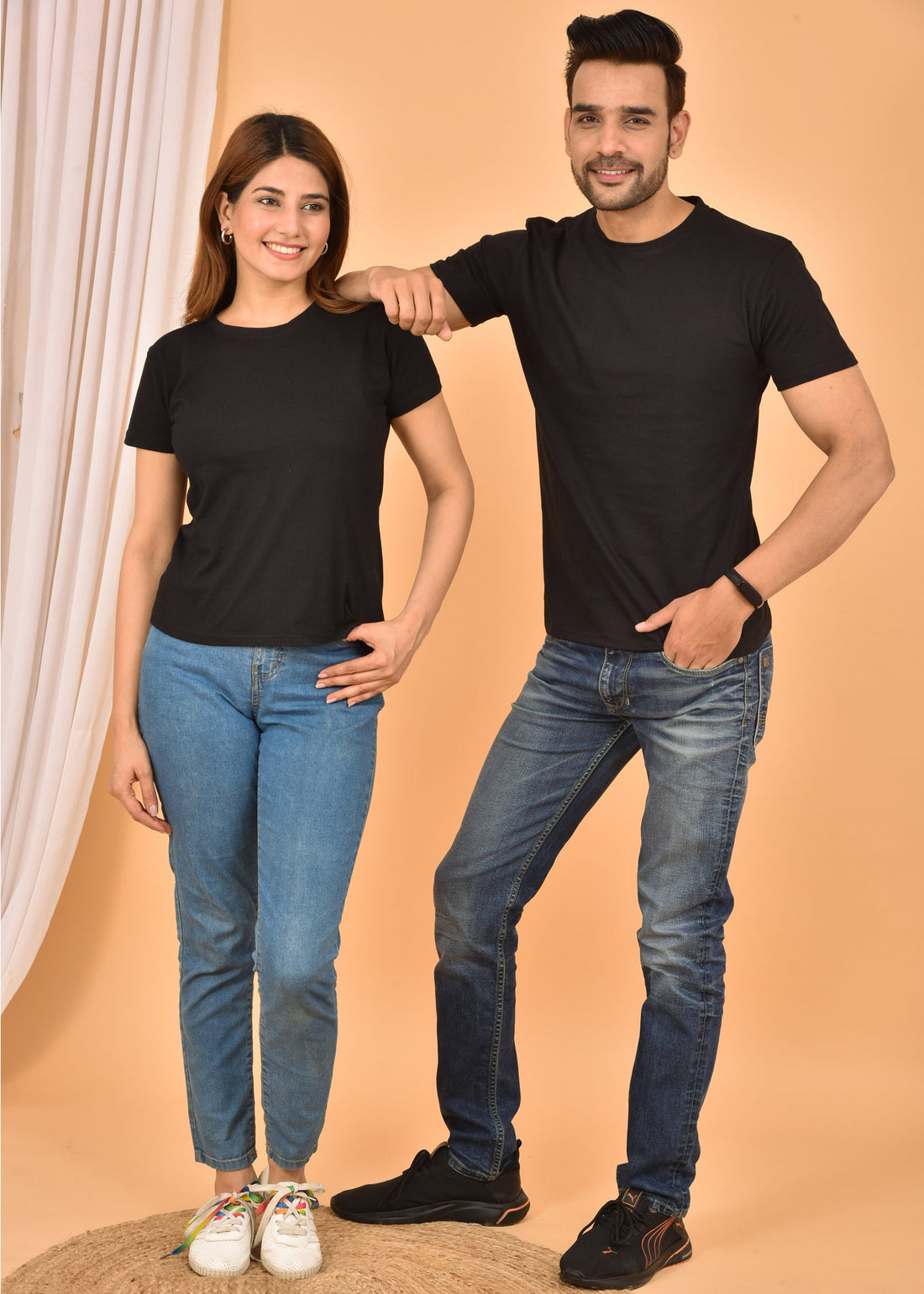 Couple Black Round Neck Cotton Blend Plain T-shirt Set