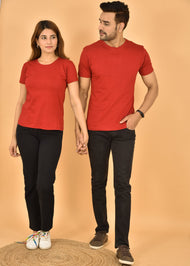 Couple Maroon Round Neck Cotton Blend Plain T-shirt Set
