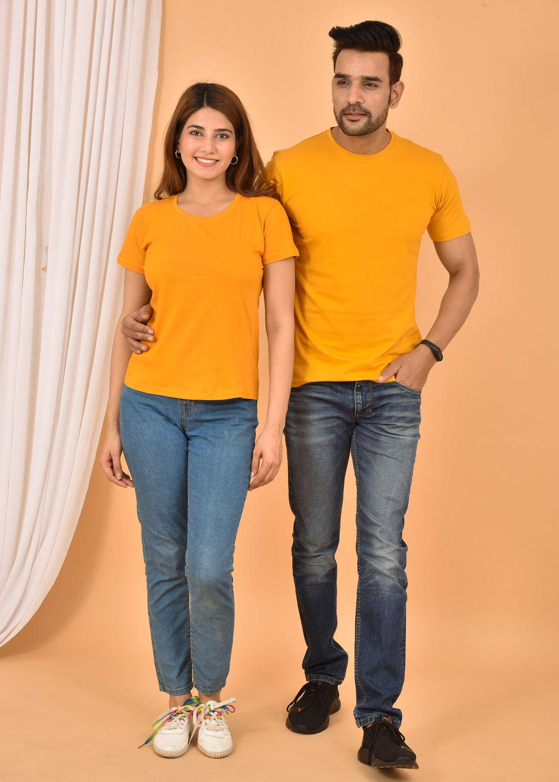 Couple Mustard Round Neck Cotton Blend Plain T-shirt Set