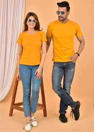 Couple Mustard Round Neck Cotton Blend Plain T-shirt Set