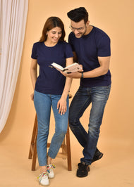 Couple Navy Blue Round Neck Cotton Blend Plain T-shirt Set