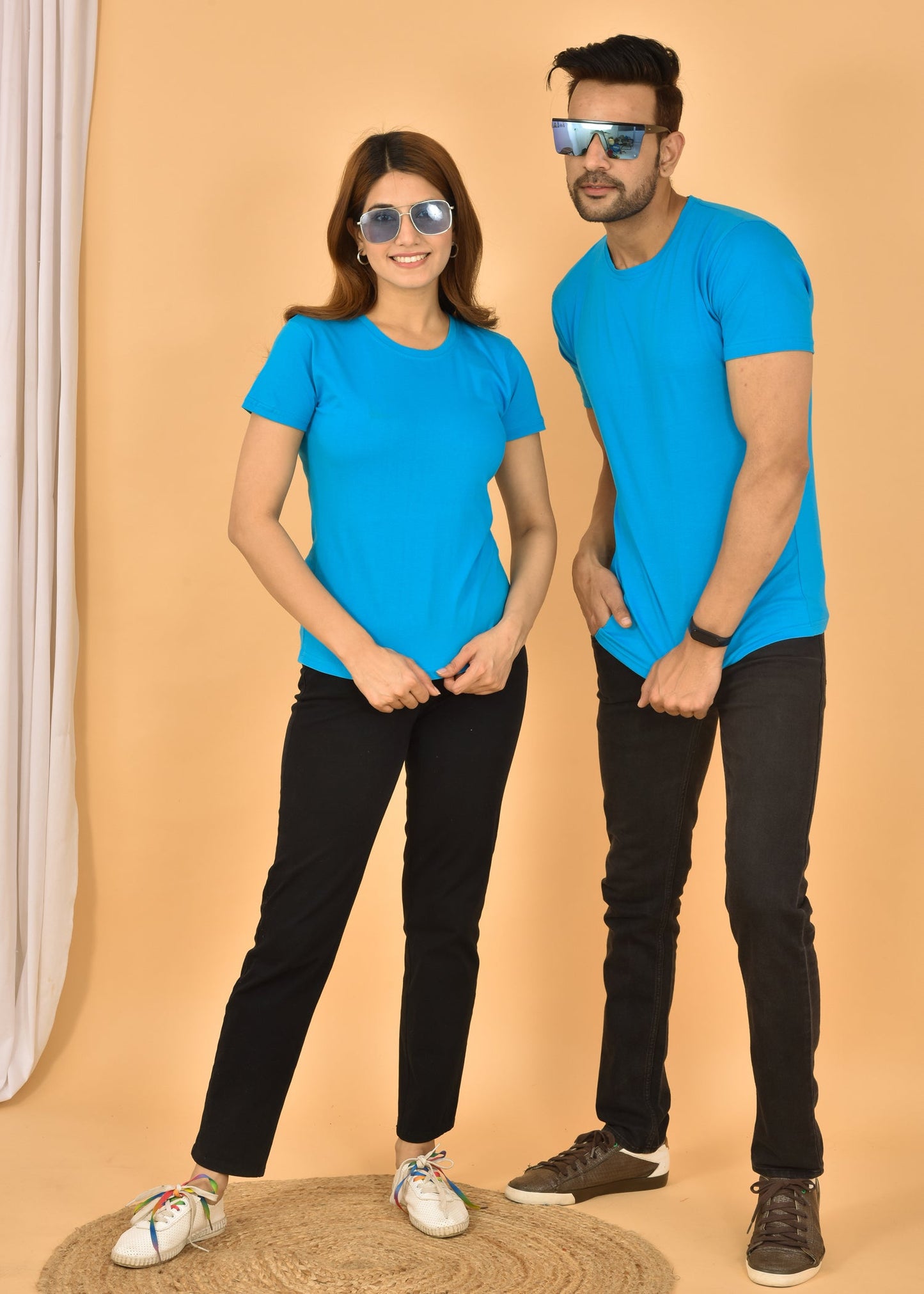 Couple Sky Blue Round Neck Cotton Blend Plain T-shirt Set