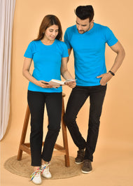 Couple Sky Blue Round Neck Cotton Blend Plain T-shirt Set