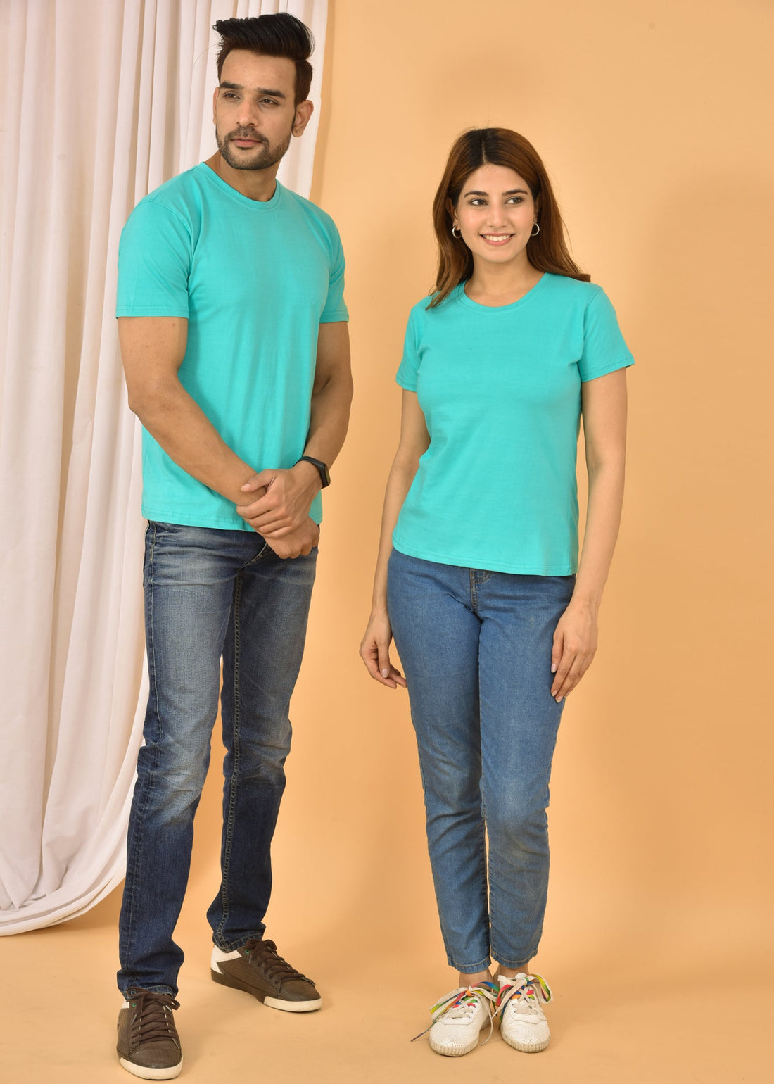 Couple Turquoise Round Neck Cotton Blend Plain T-shirt Set