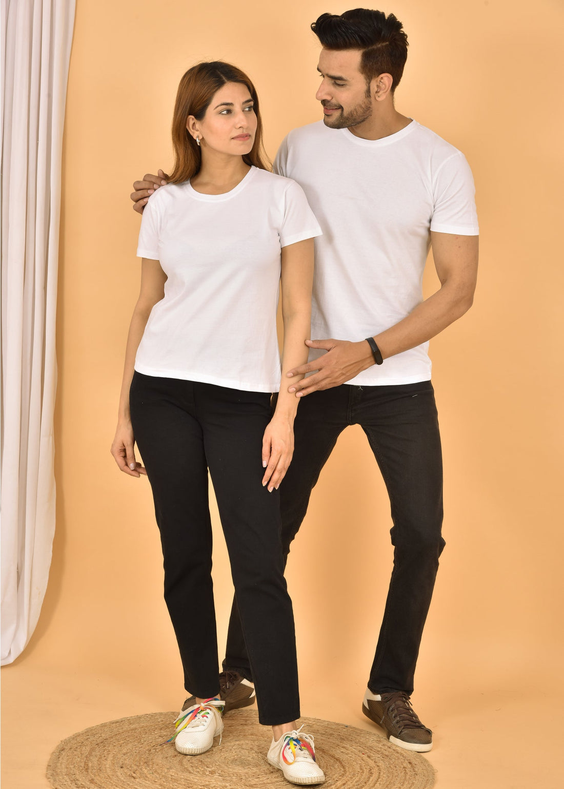 Couple White Round Neck Cotton Blend Plain T-shirt Set