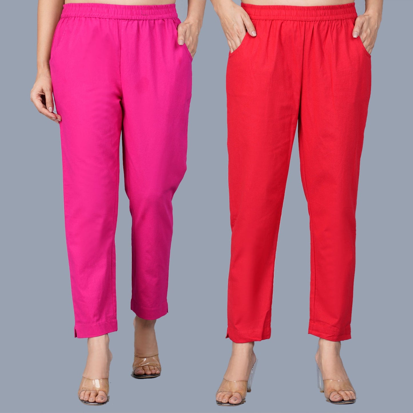 Pack Of 2 Womens Regular Fit Rani And Red Fully Elastic Waistband Cotton Trouser