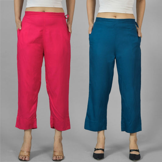 Pack Of 2 Womens Rani Pink And Teal Blue Ankle Length Rayon Culottes Trouser Combo