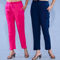 Pack Of 2 Womens Regular Fit Rani Pink And Teal Blue Cotton Slub Belt Pant Combo