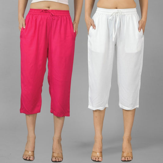 Pack Of 2 Women Rani Pink And White Calf Length Rayon Culottes Trouser Combo