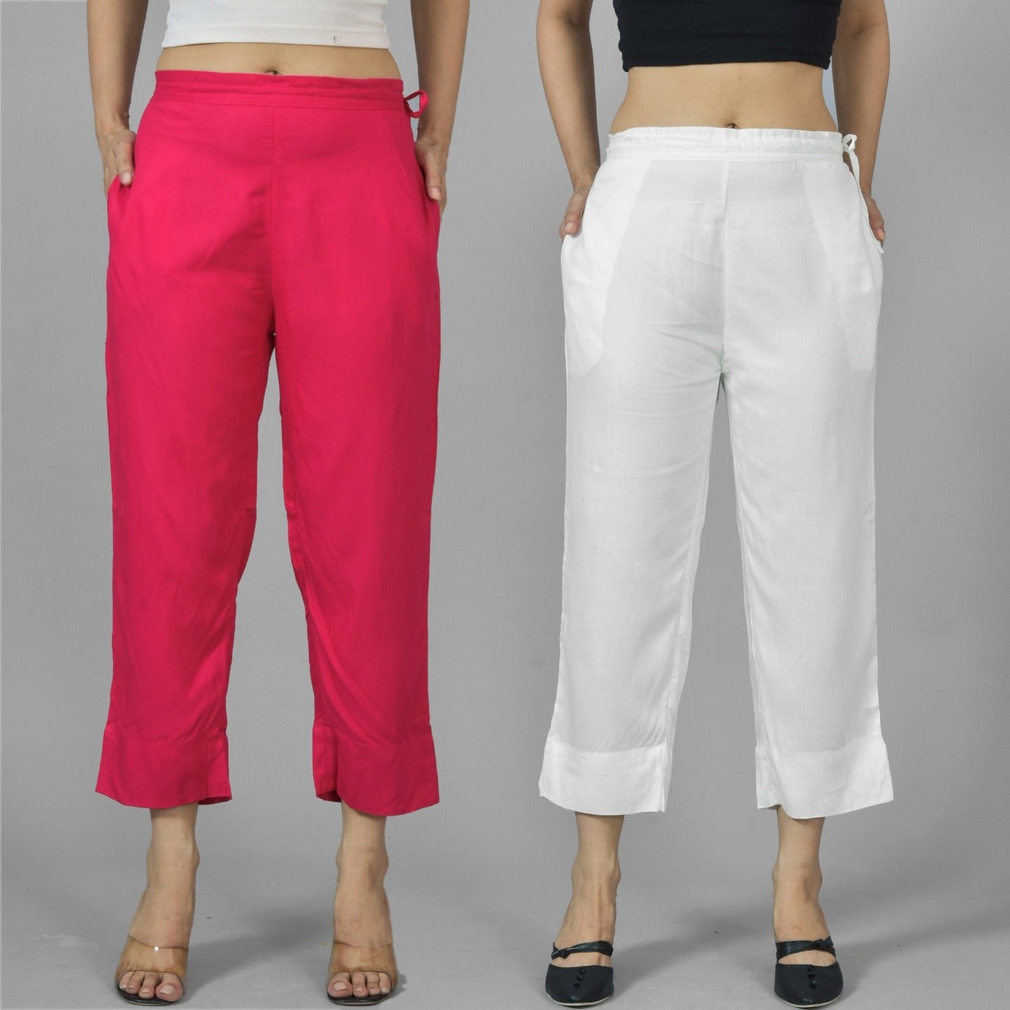 Pack Of 2 Womens Rani Pink And White Ankle Length Rayon Culottes Trouser Combo