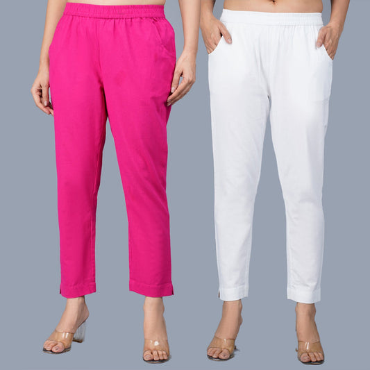 Pack Of 2 Womens Regular Fit Rani And White Fully Elastic Waistband Cotton Trouser