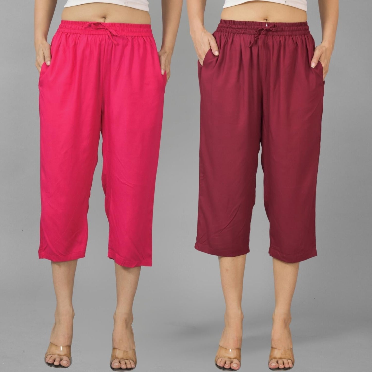 Pack Of 2 Women Rani Pink And Wine Calf Length Rayon Culottes Trouser Combo