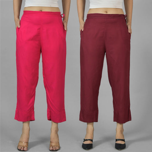 Pack Of 2 Womens Rani Pink And Wine Ankle Length Rayon Culottes Trouser Combo