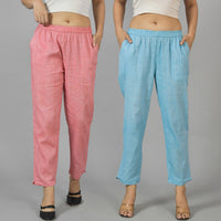 Pack Of 2 Womens Red and Sky Blue Fully Elastic Cotton Trousers