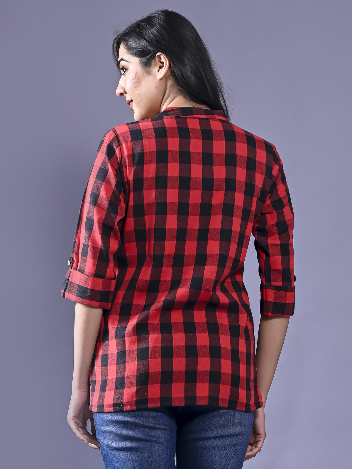 Women Regular Fit Red Checkered Mandarin Collar Casual Shirt