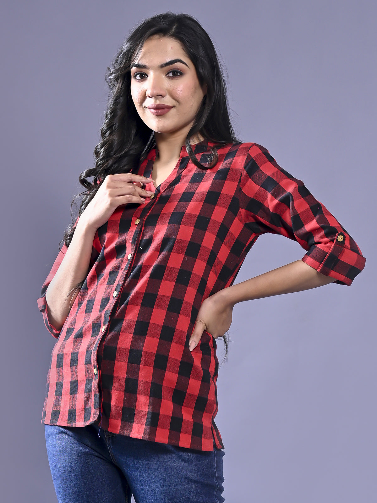 Women Regular Fit Red Checkered Mandarin Collar Casual Shirt