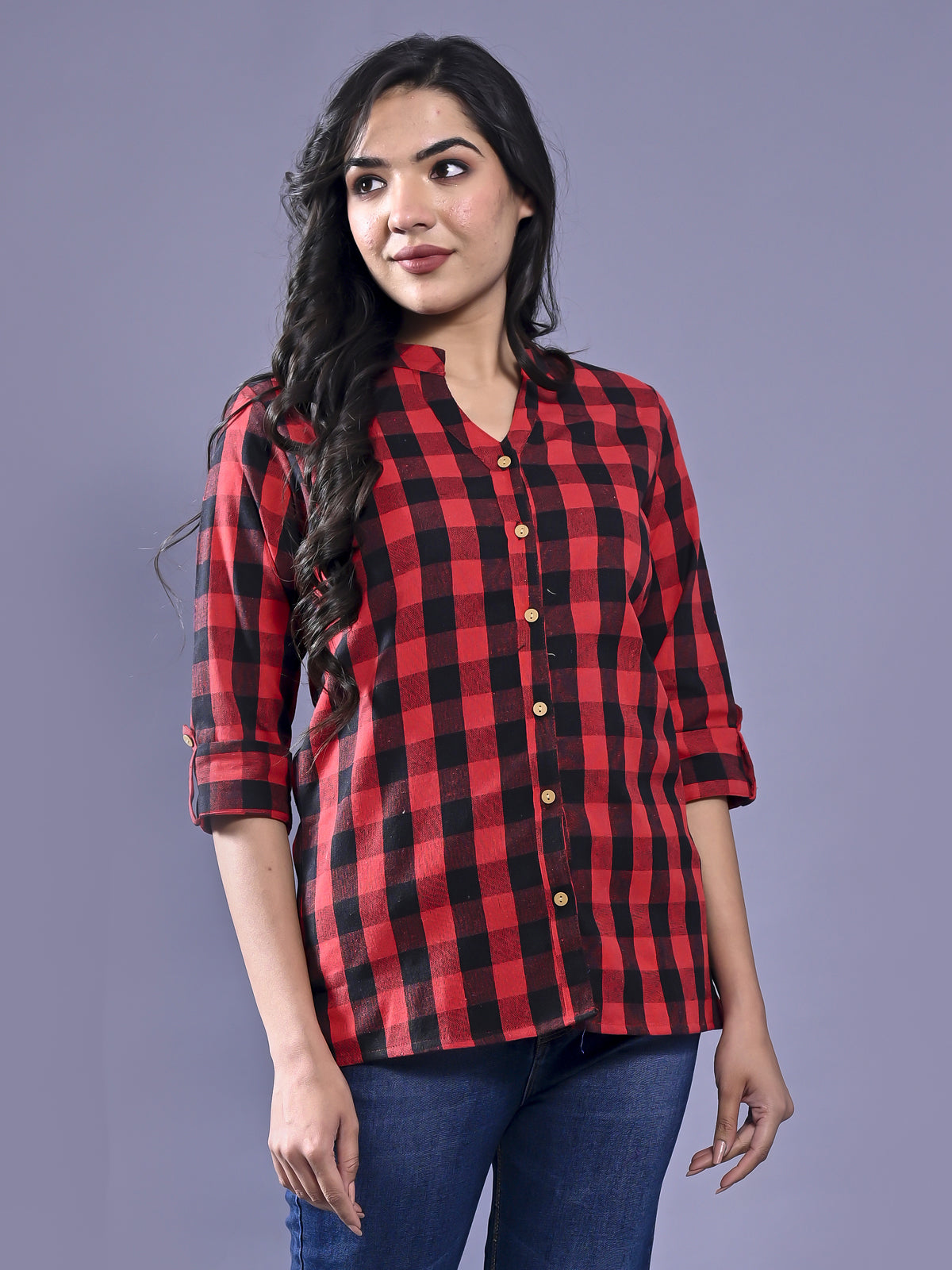 Women Regular Fit Red Checkered Mandarin Collar Casual Shirt