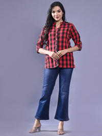 Women Regular Fit Red Checkered Mandarin Collar Casual Shirt